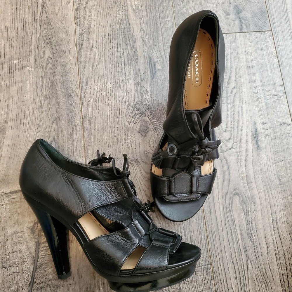 Coach TEAGAN BUTTER Soft Leather Platform high heels cut out lace up sandals 8B